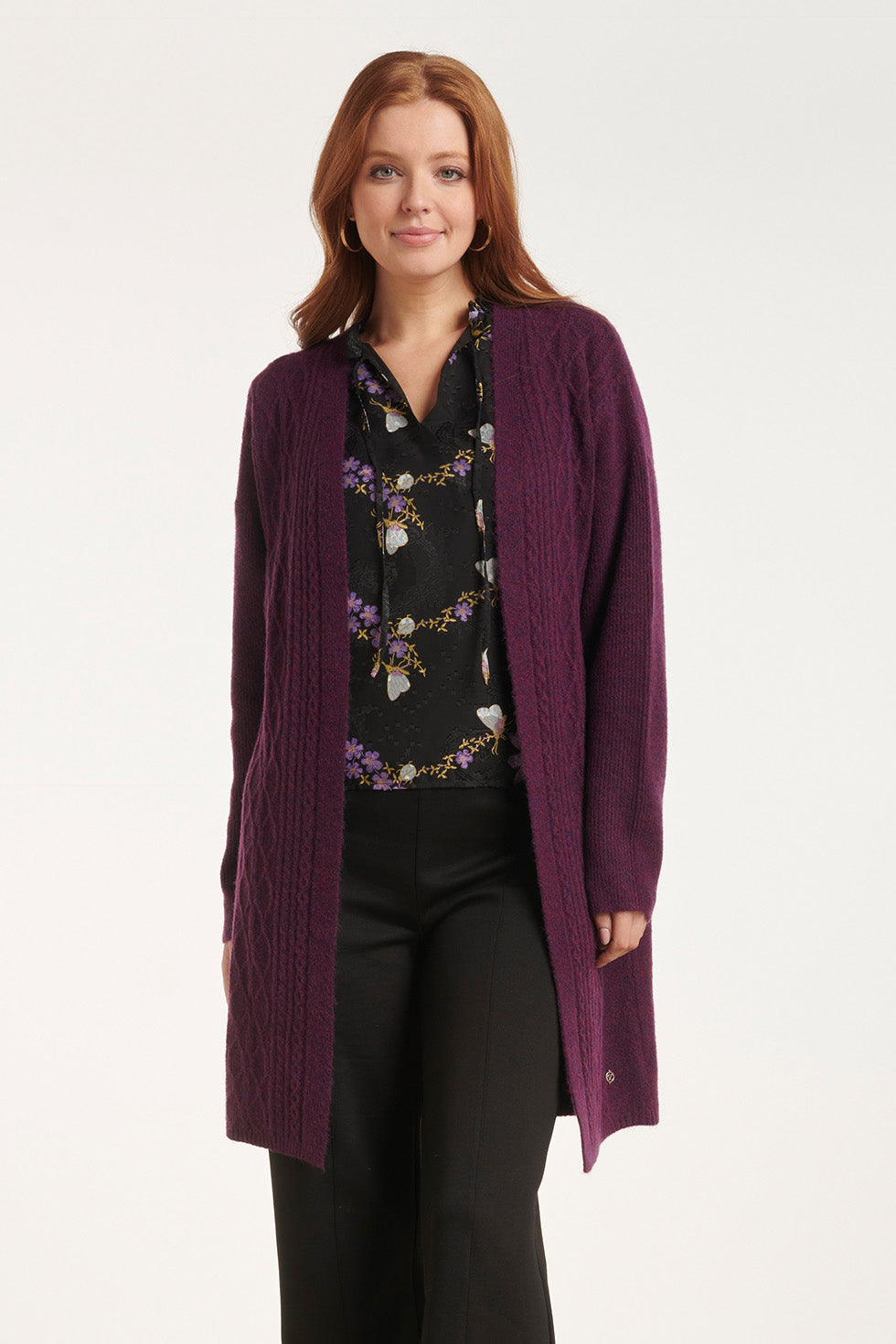 24630 Oversized Open Paarse Cardigan Met Kabeltructuur