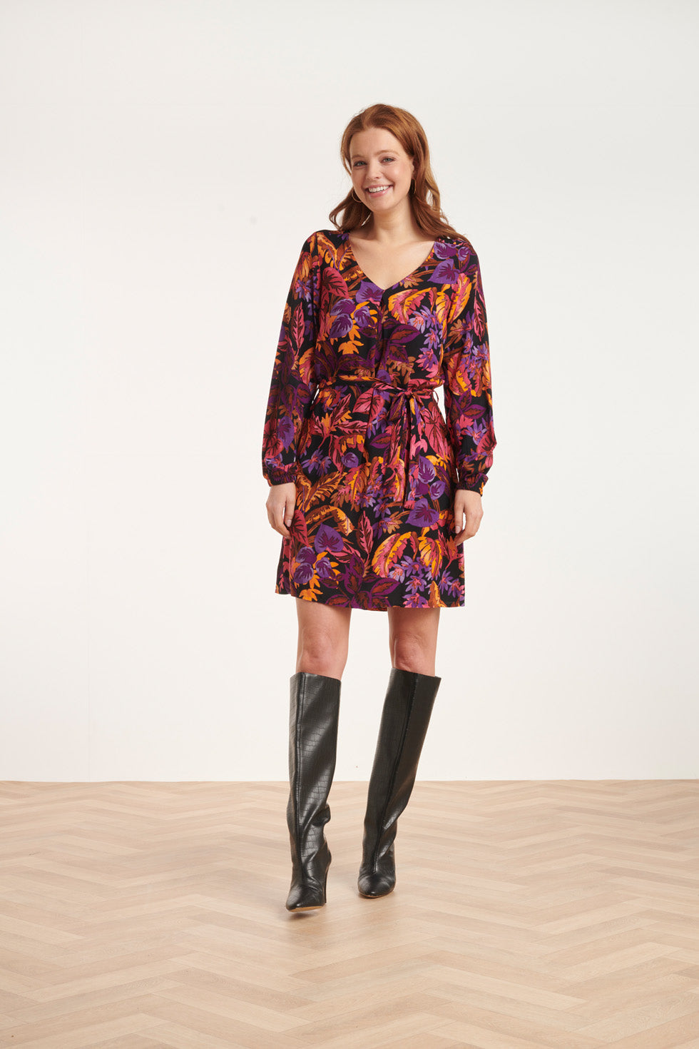 24647 Multicoloured Leaf Print Jurk