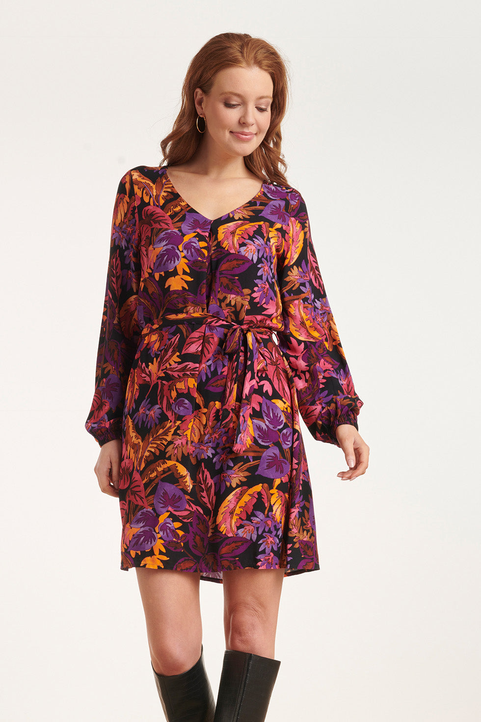 24647 Multicoloured Leaf Print Jurk