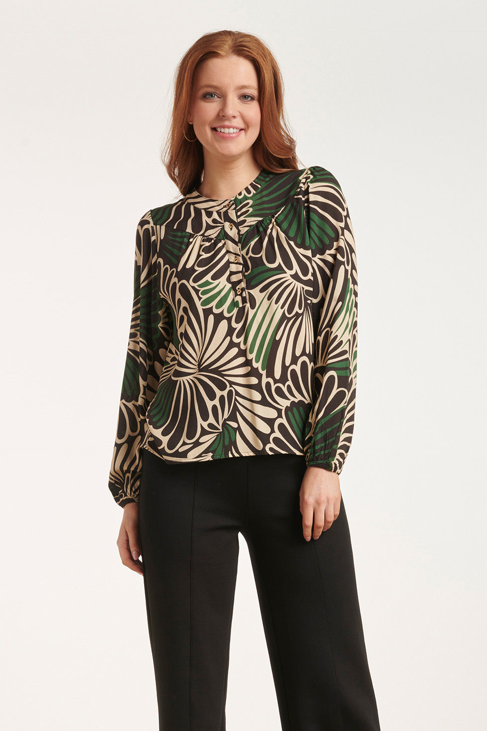 24649 Groene En Zwarte Grafische Print Top