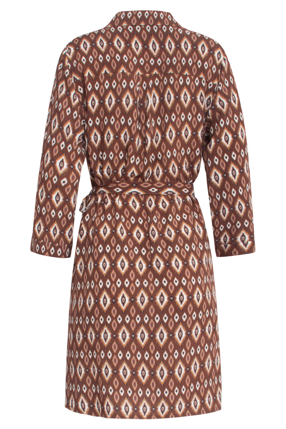 24661 Bruine Tribal Print Jurk Met Kraag