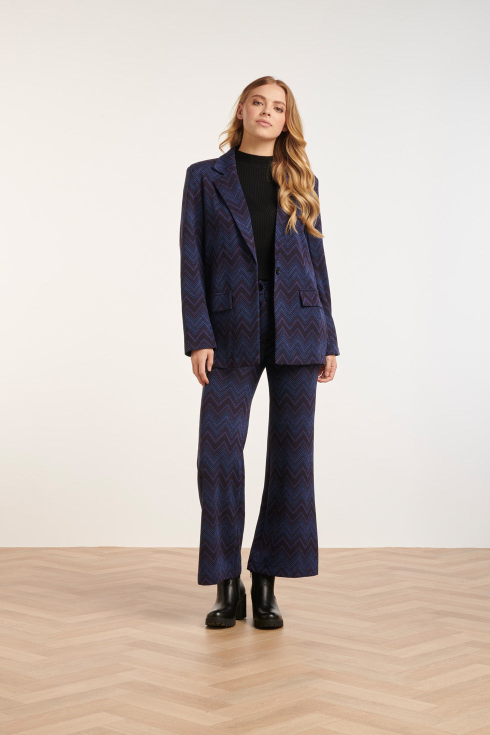 24677 Blauwe Zigzag Print Oversized Blazer