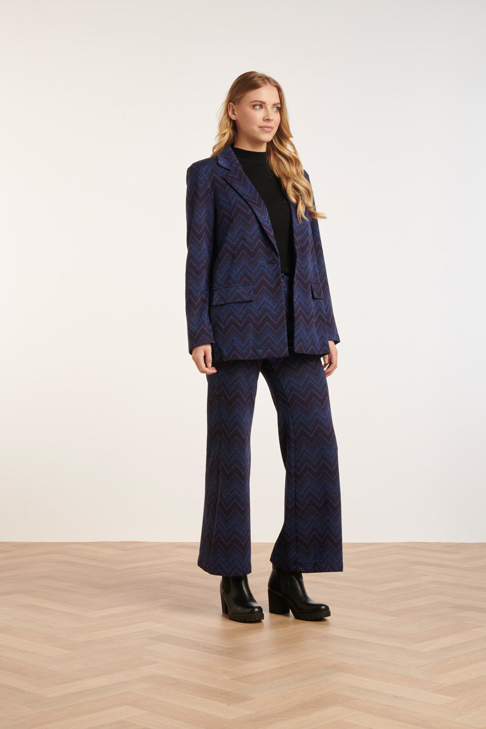 24677 Blauwe Zigzag Print Oversized Blazer