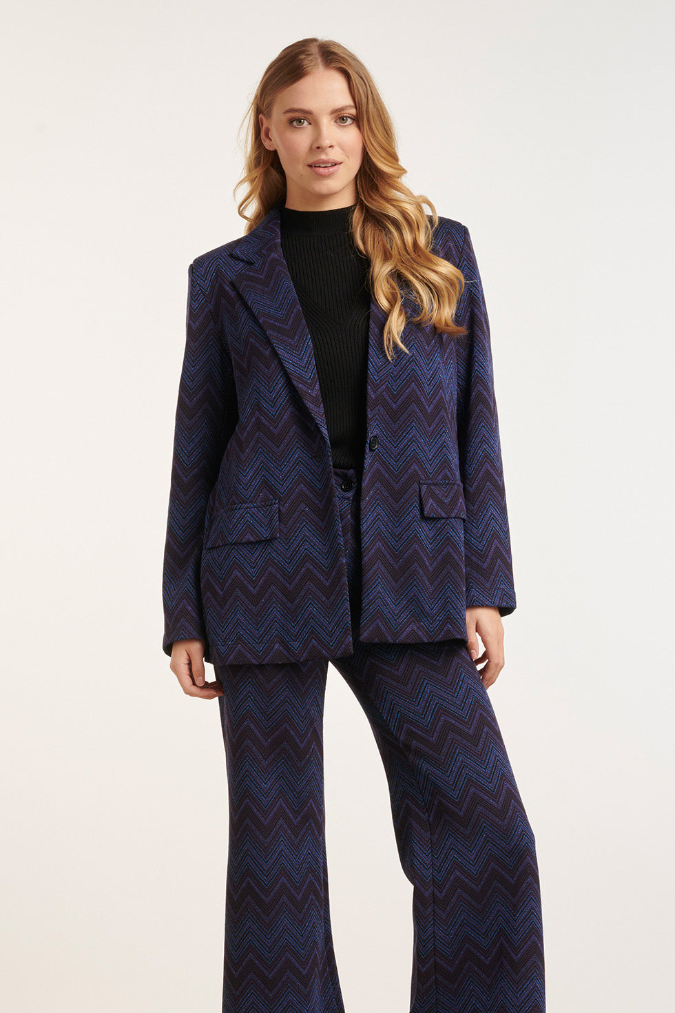 24677 Blauwe Zigzag Print Oversized Blazer