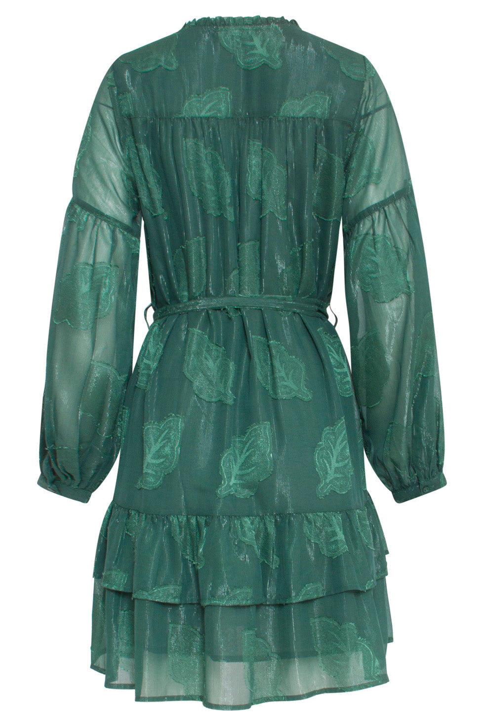 24697 Groene Chiffon Jacquard V-Hals Jurk Met Bladmotief