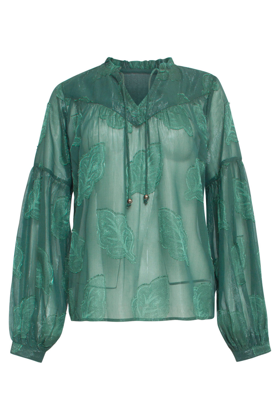 24698 
Groene Chiffon Jacquard V-Hals Top Met Bladmotief