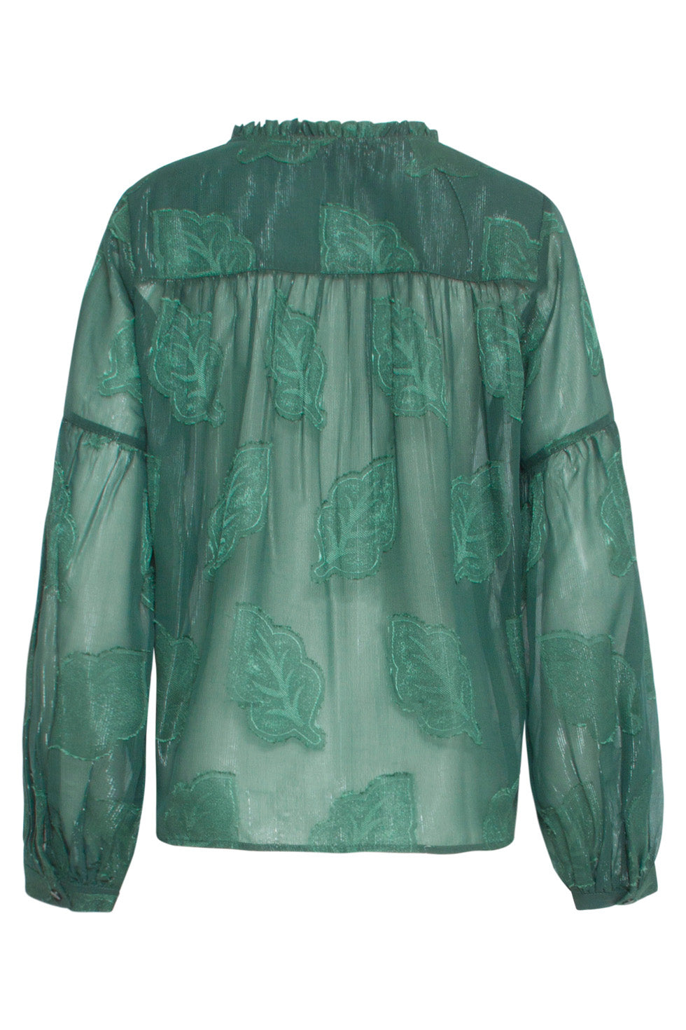 24698 
Groene Chiffon Jacquard V-Hals Top Met Bladmotief