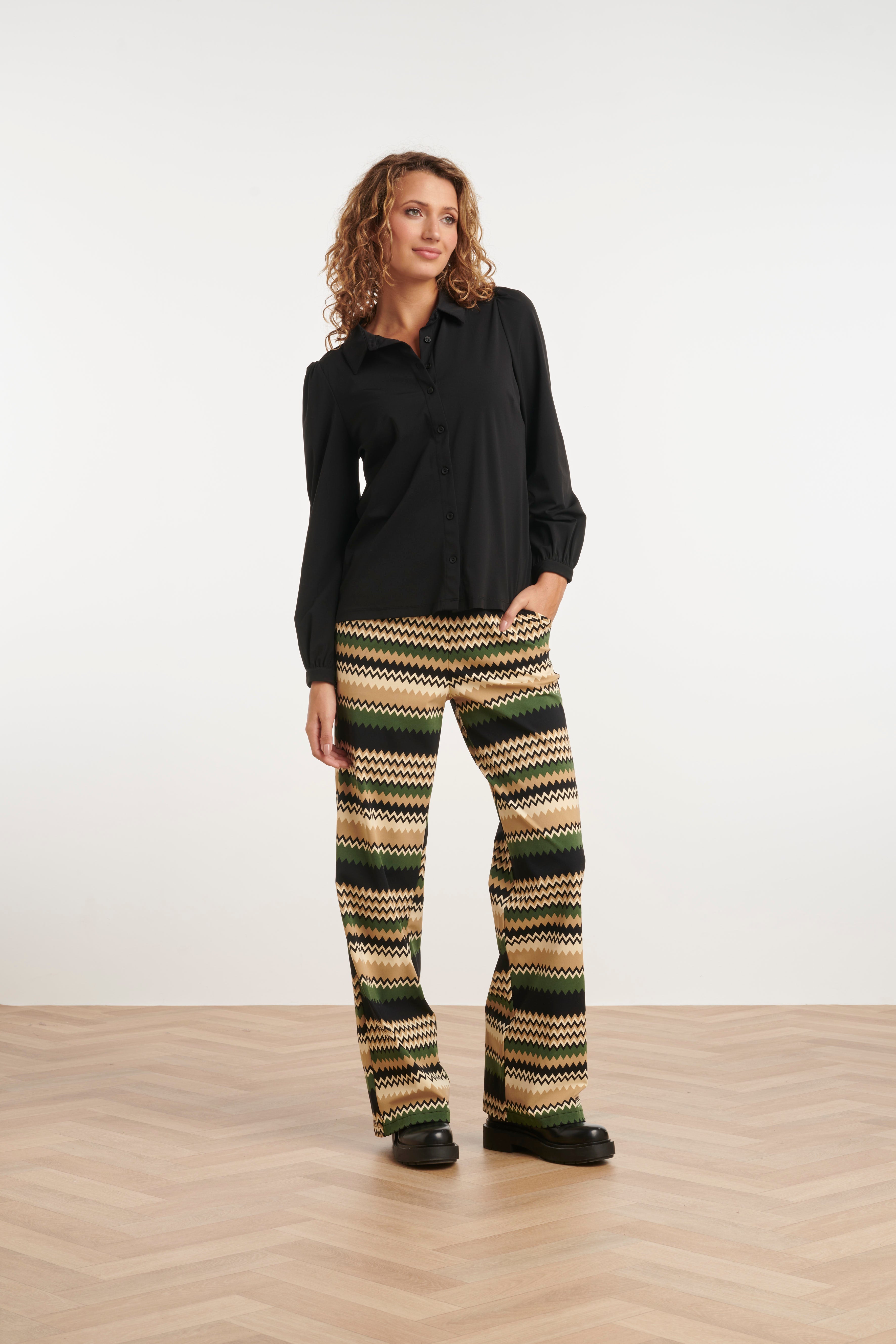 24728 Stijlvolle Zigzag Geprinte Travel Kwaliteit Broek