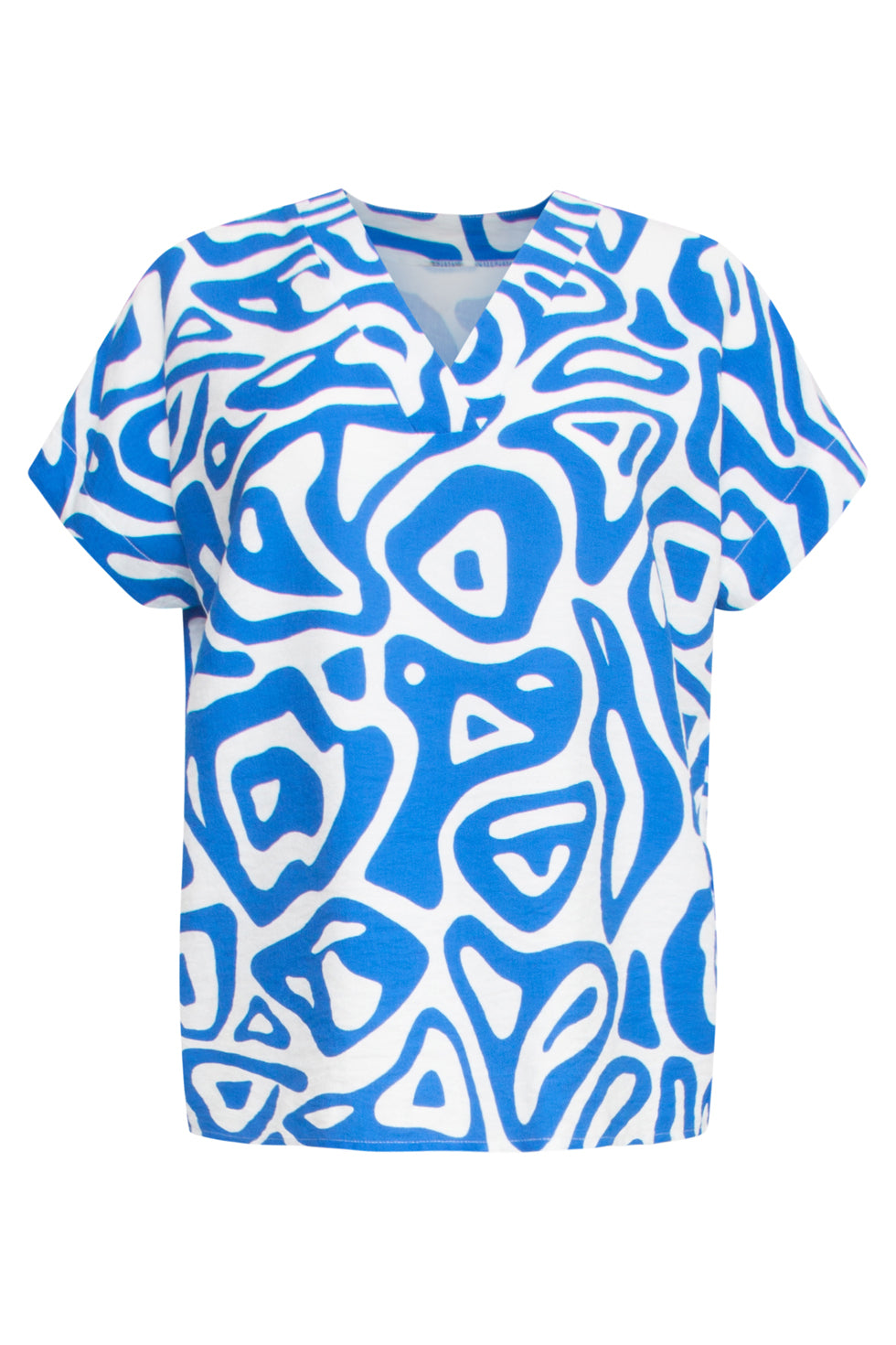 25002 V-Hals Top Met Blauwe En Witte Abstracte Print En Losse Pasvorm