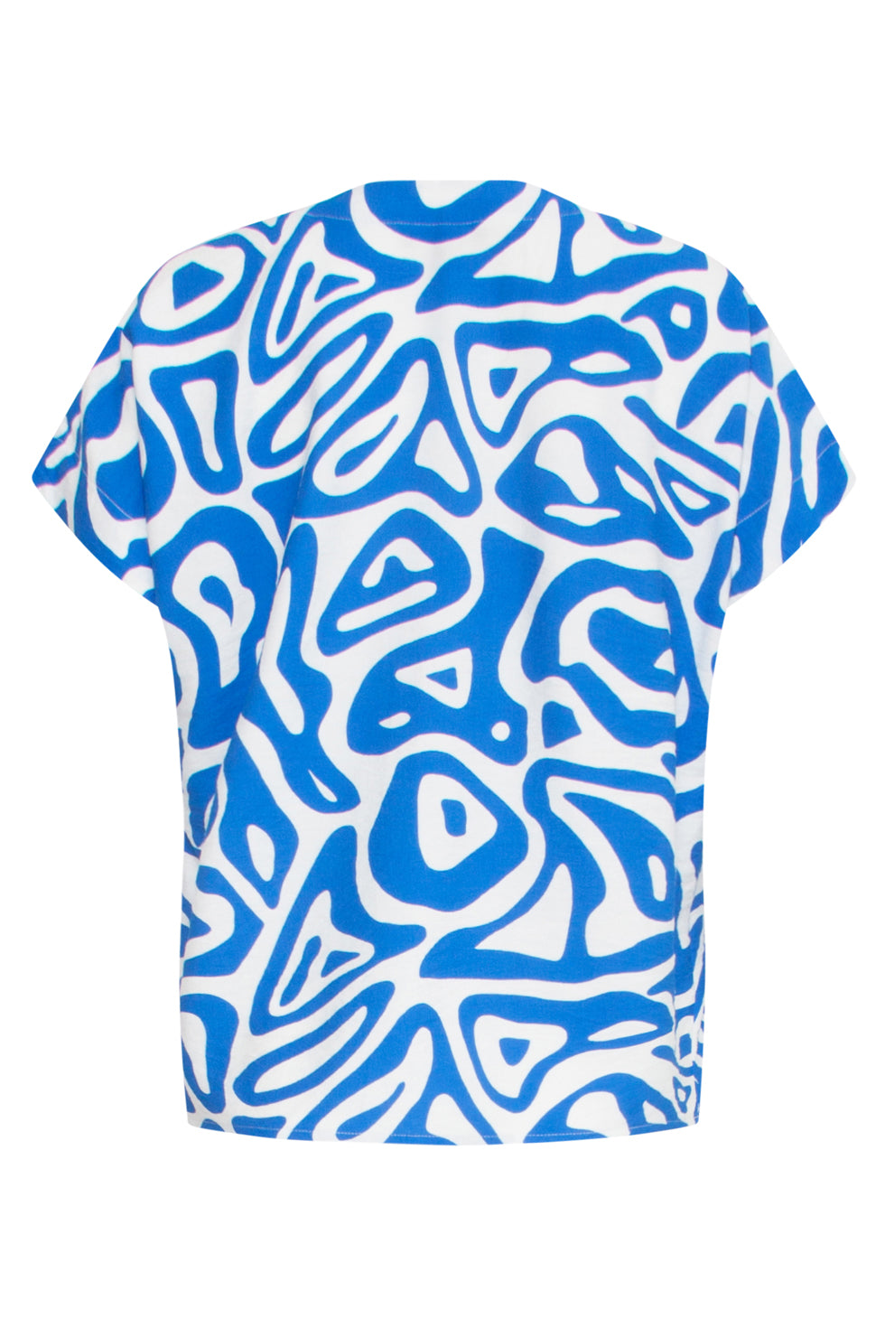 25002 V-Hals Top Met Blauwe En Witte Abstracte Print En Losse Pasvorm