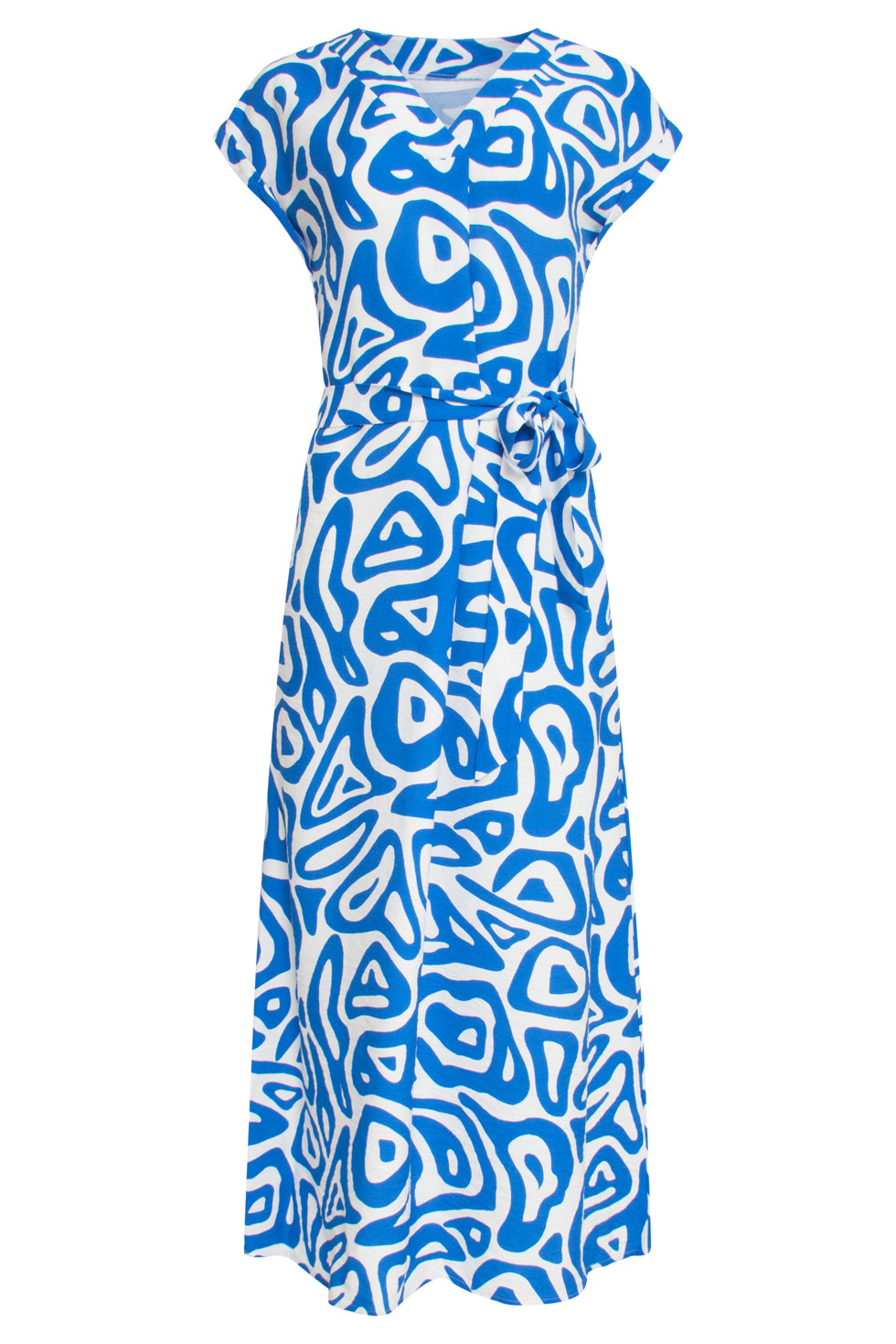 25003 Midi Jurk Met Blauwe En Witte Abstracte Print