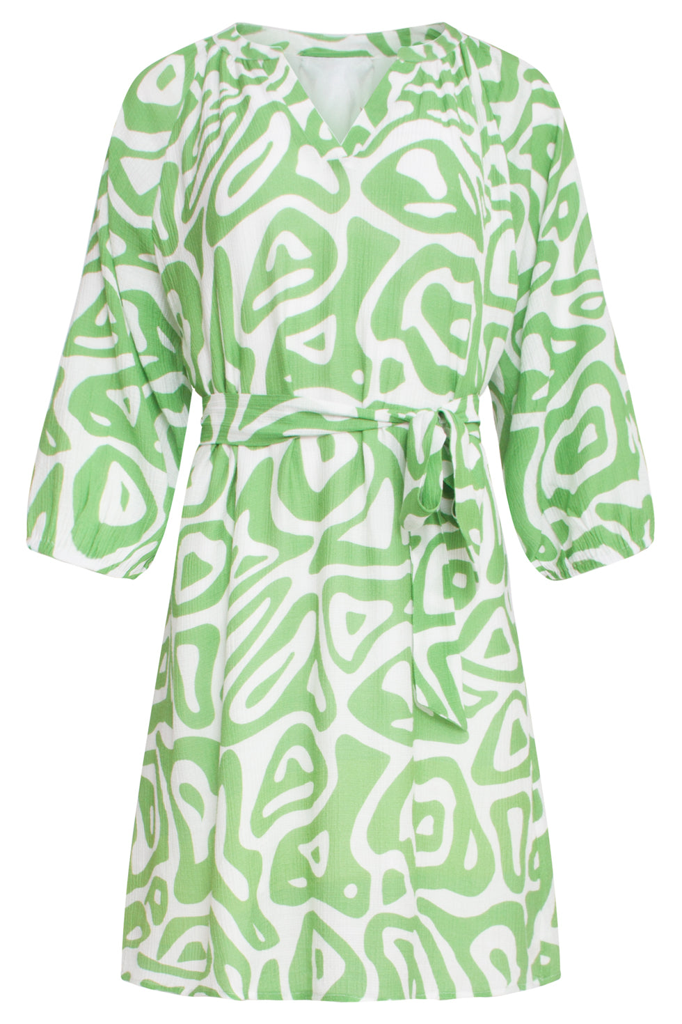 25005 Crinkle Jurk Met Lichtgroene En Witte Abstracte Print