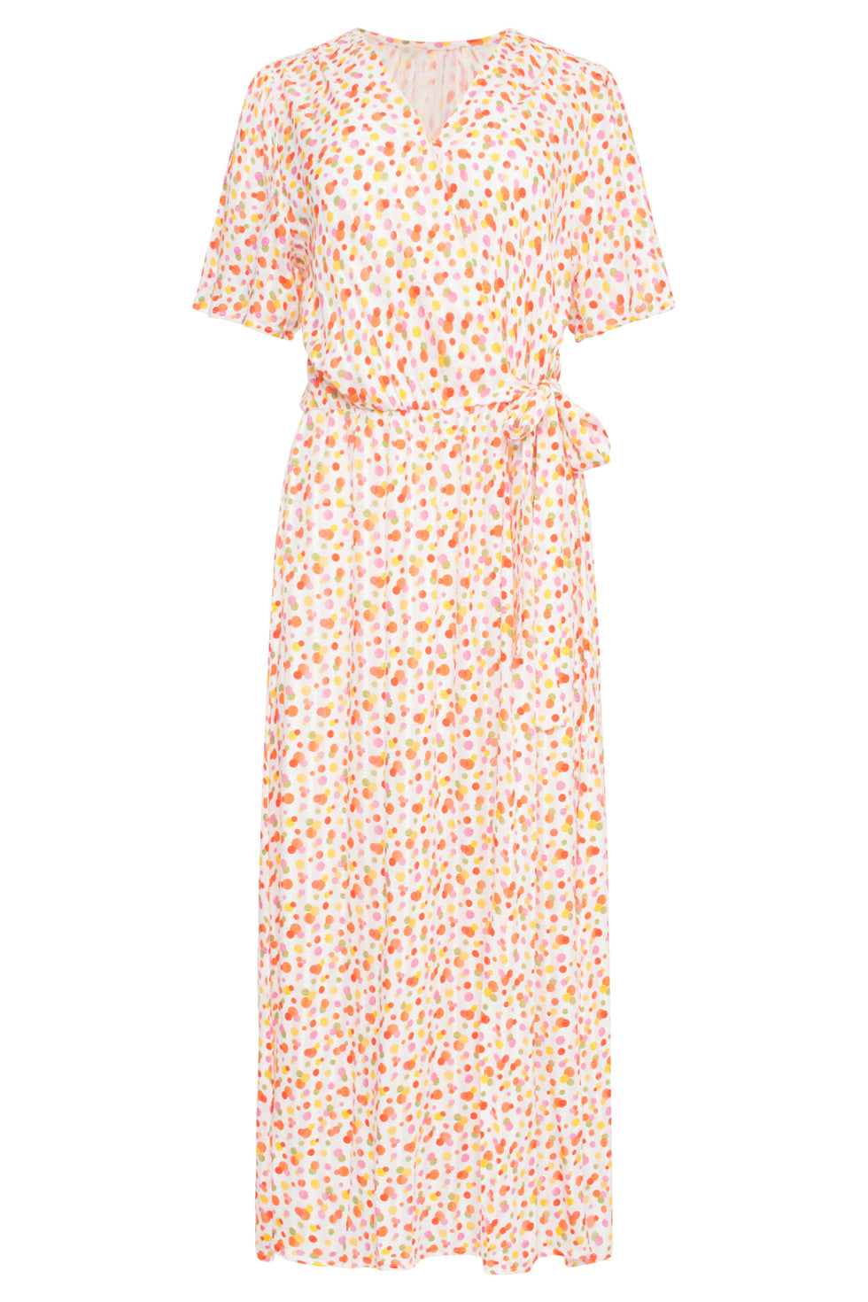 25009 V- Hals Maxi Jurk Met Multicolor Polka Dot Print