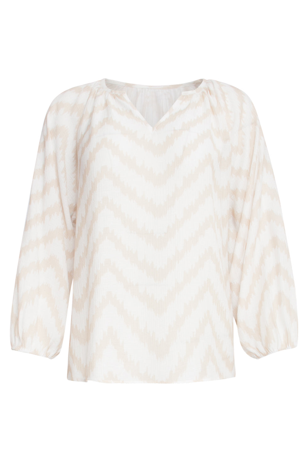 25013 Zachte En Vloeiende 3/4 Mouw Top Met Zigzag Print