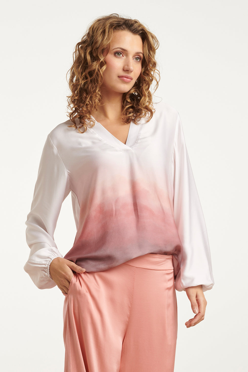 25020 Top Met Kraag In Vintage Roze En Mauve Ombre Print