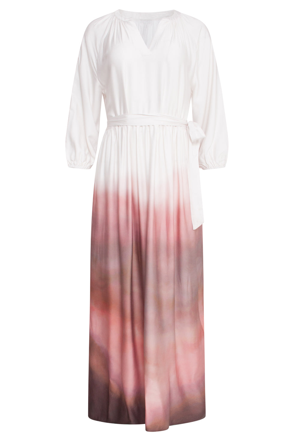 25021 Maxi Jurk Met Vintage Roze En Mauve Ombre Print