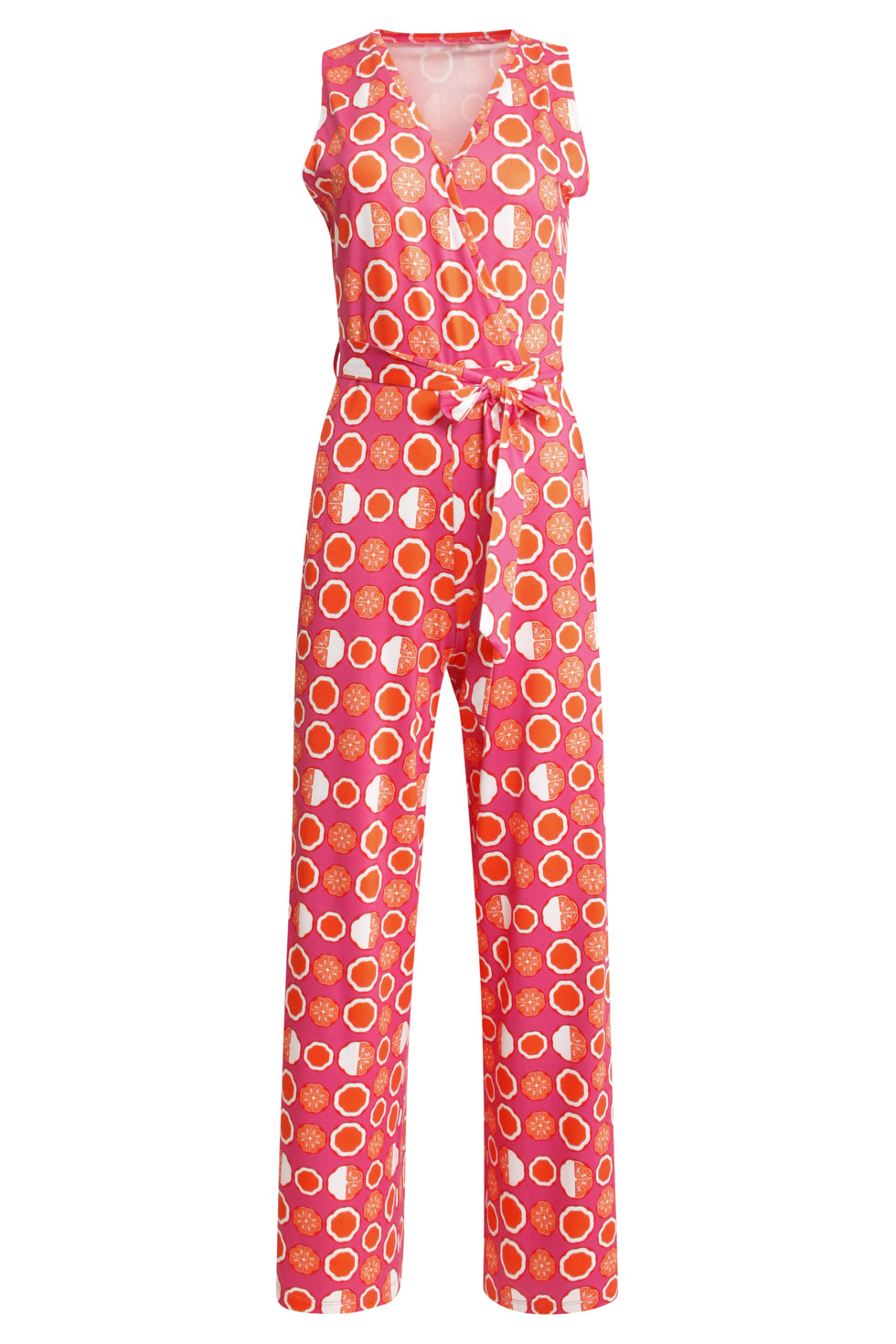 25025 V-Hals Jumpsuit Met Grafische Oranje Fruitprint