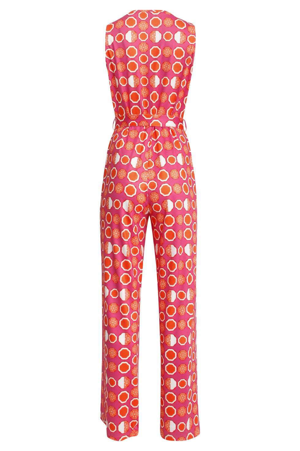 25025 V-Hals Jumpsuit Met Grafische Oranje Fruitprint