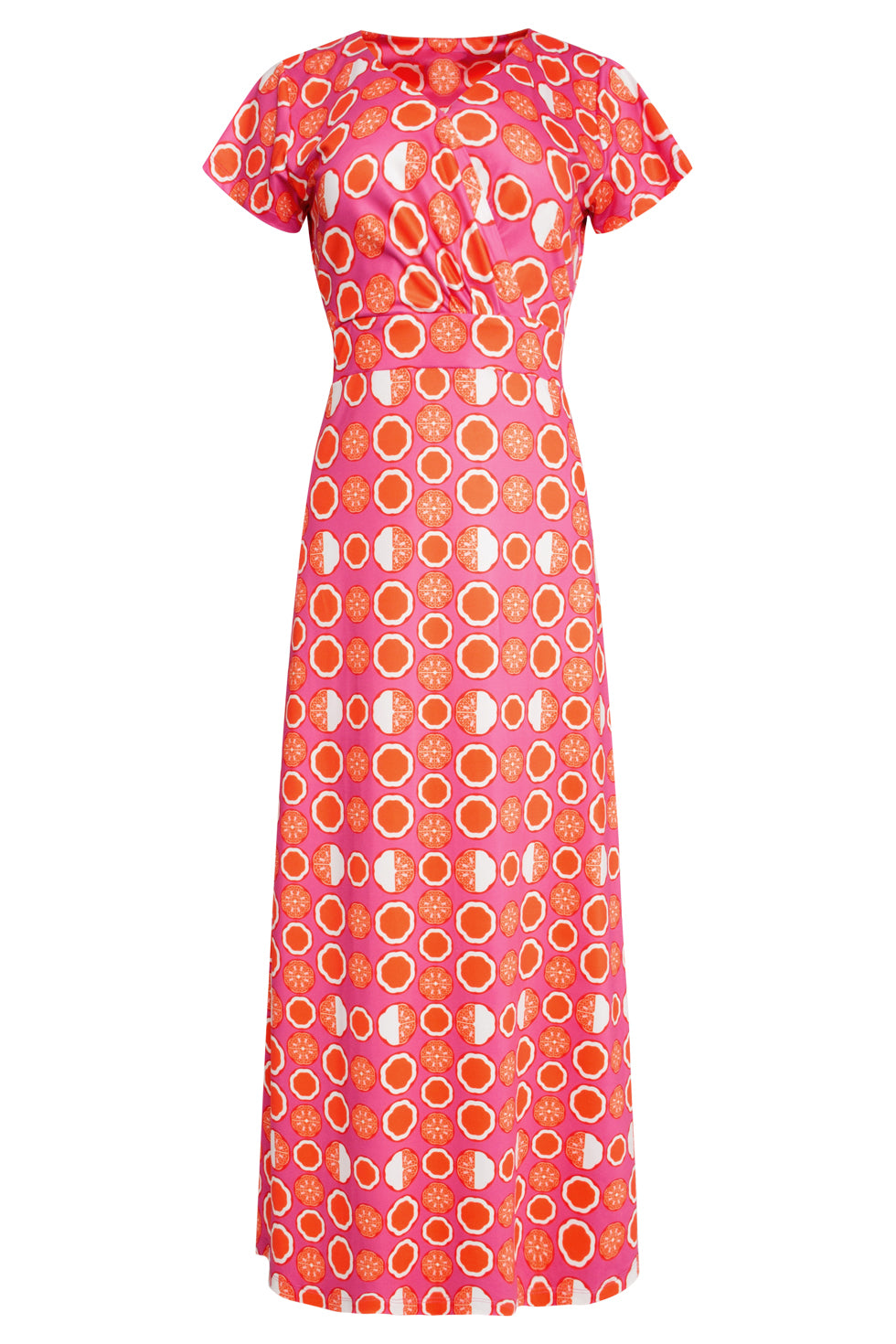 25026 Maxi Jurk Met V-Hals Met Oranje Fruitprint