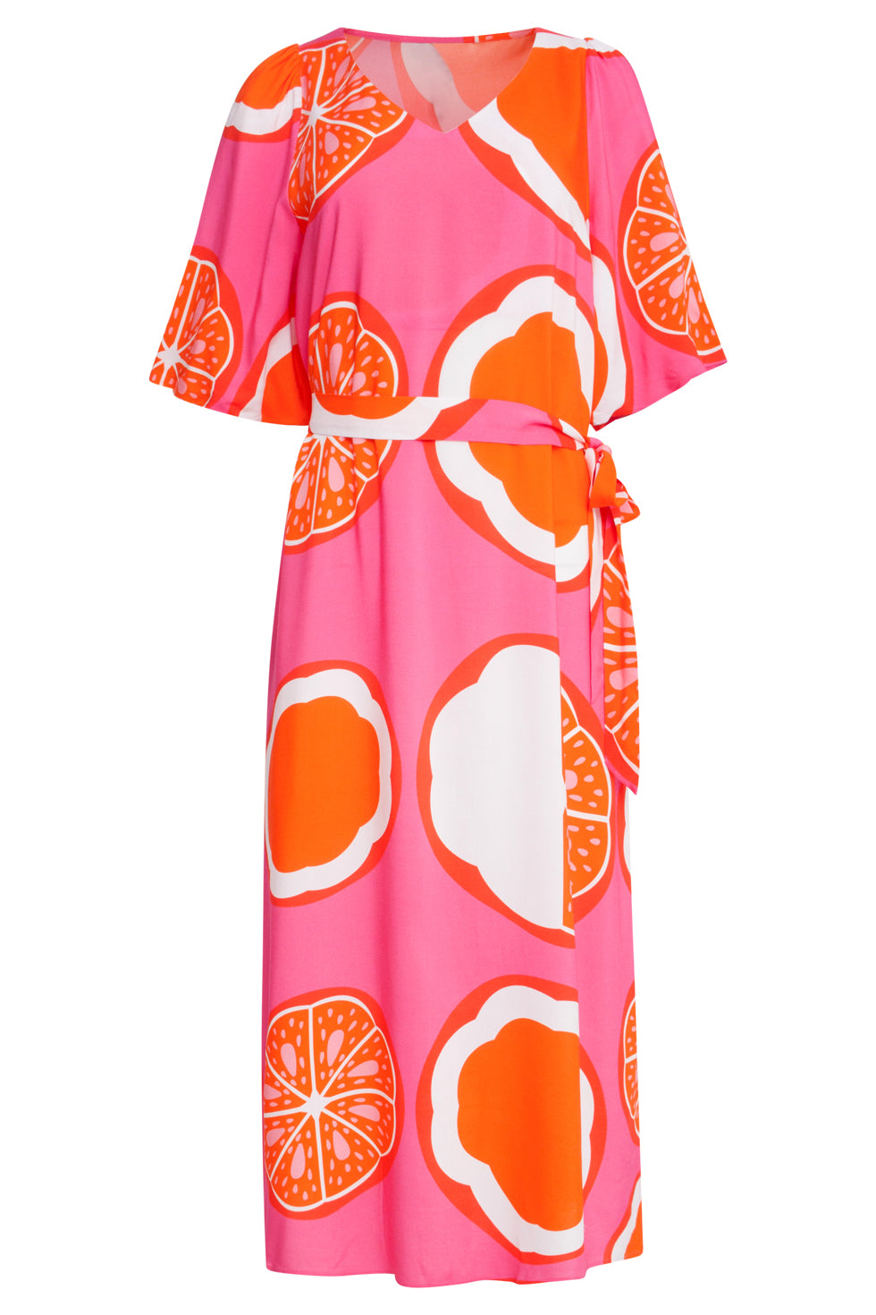 25028 V-Neck Midi Jurk Met Ballonmouwen En Grafisch Oranje Fruitprint