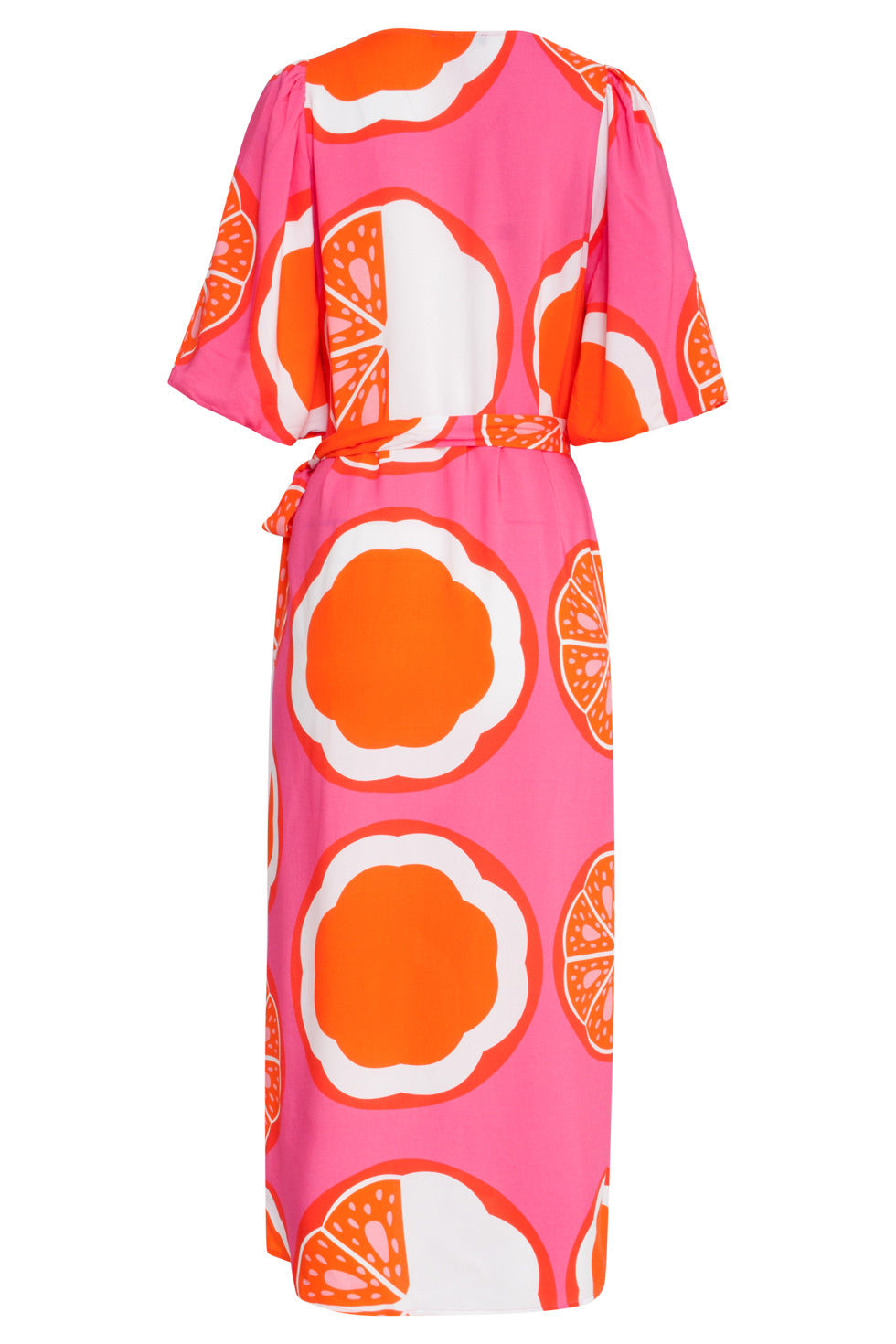 25028 V-Neck Midi Jurk Met Ballonmouwen En Grafisch Oranje Fruitprint