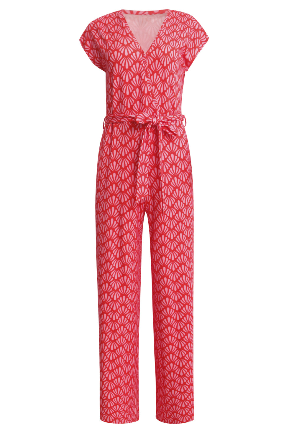 25039 V-Vormige Jumpsuit Met Overlappende Halslijn En Schelpprint In Roze En Rood