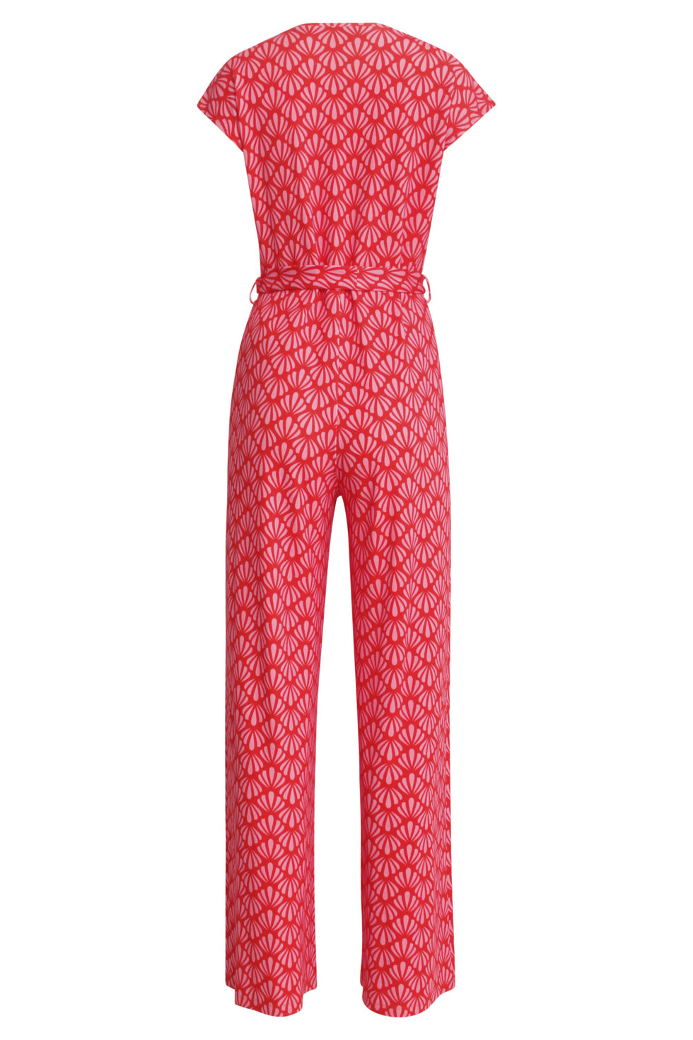 25039 V-Vormige Jumpsuit Met Overlappende Halslijn En Schelpprint In Roze En Rood