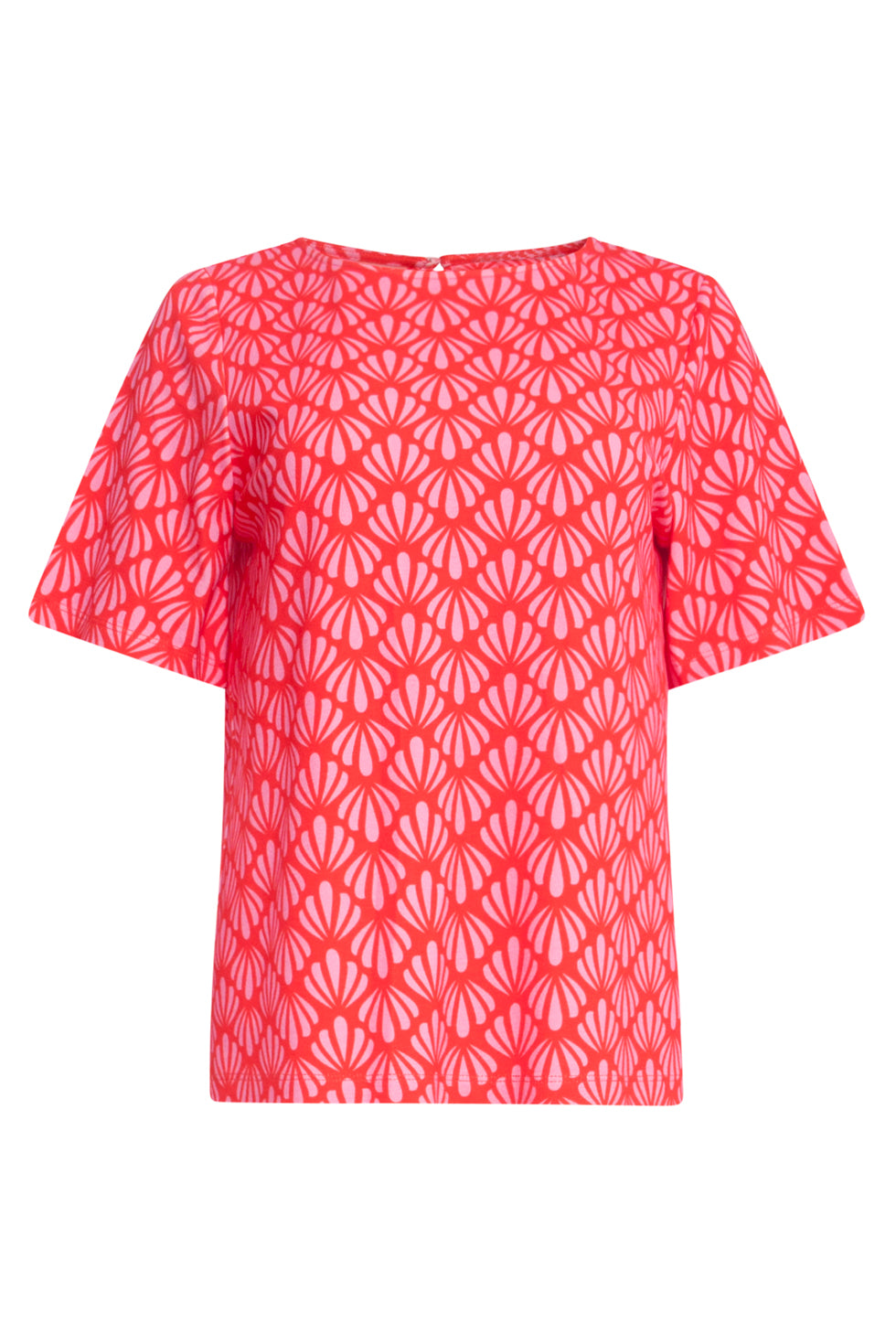 25040 Stretchy Rondhals Top Met Schelpprint In Roze En Rood