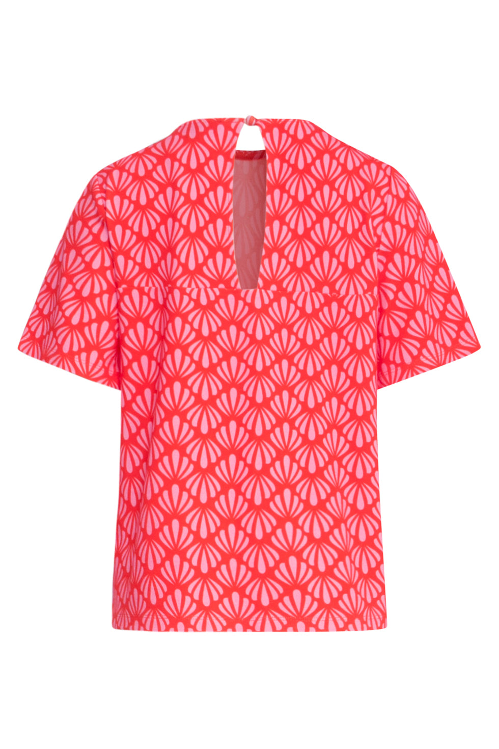 25040 Stretchy Rondhals Top Met Schelpprint In Roze En Rood