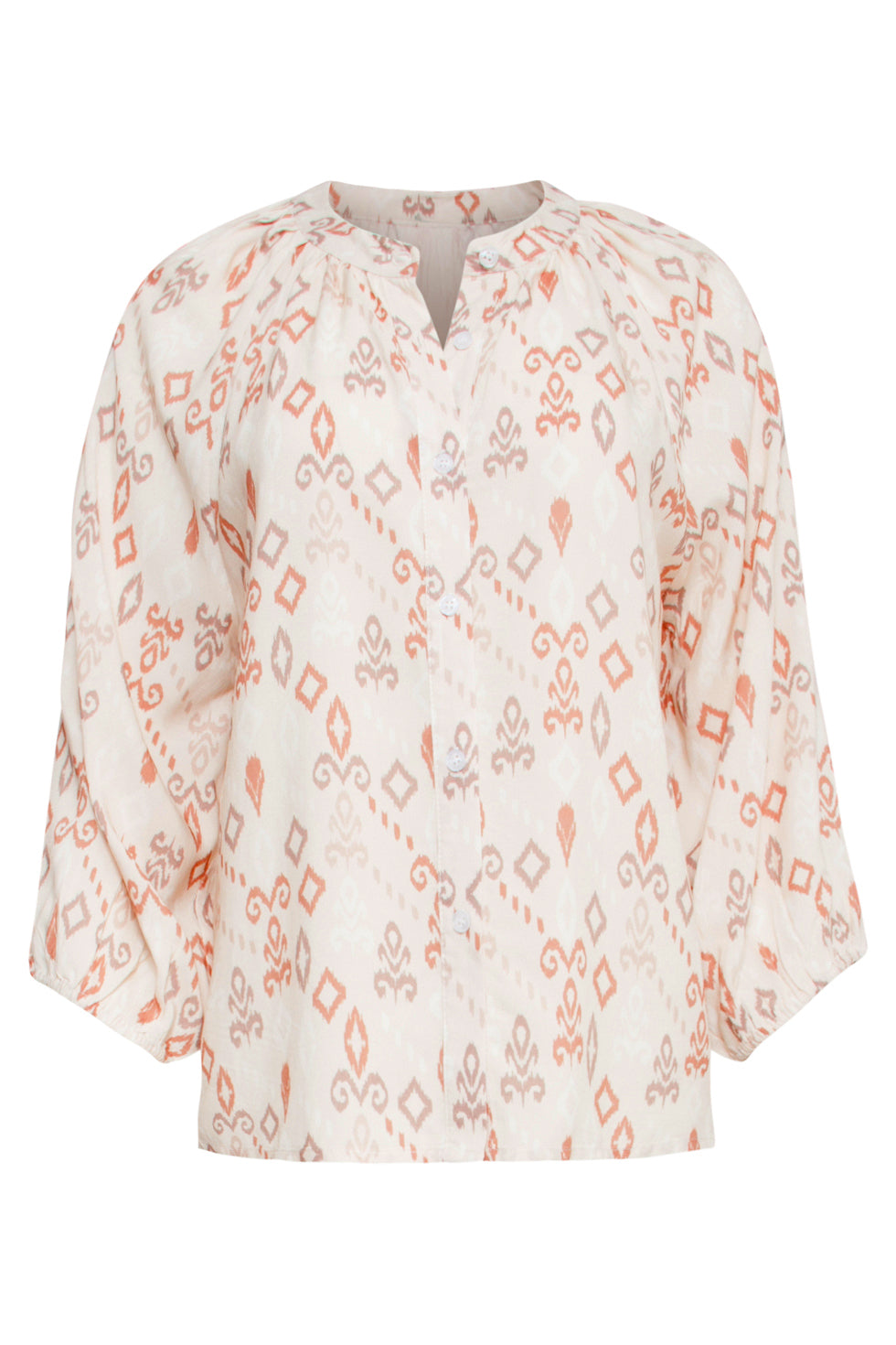 25043 V-Hals Blouse Met Aztec Print In Zand En Nude Roze Tinten