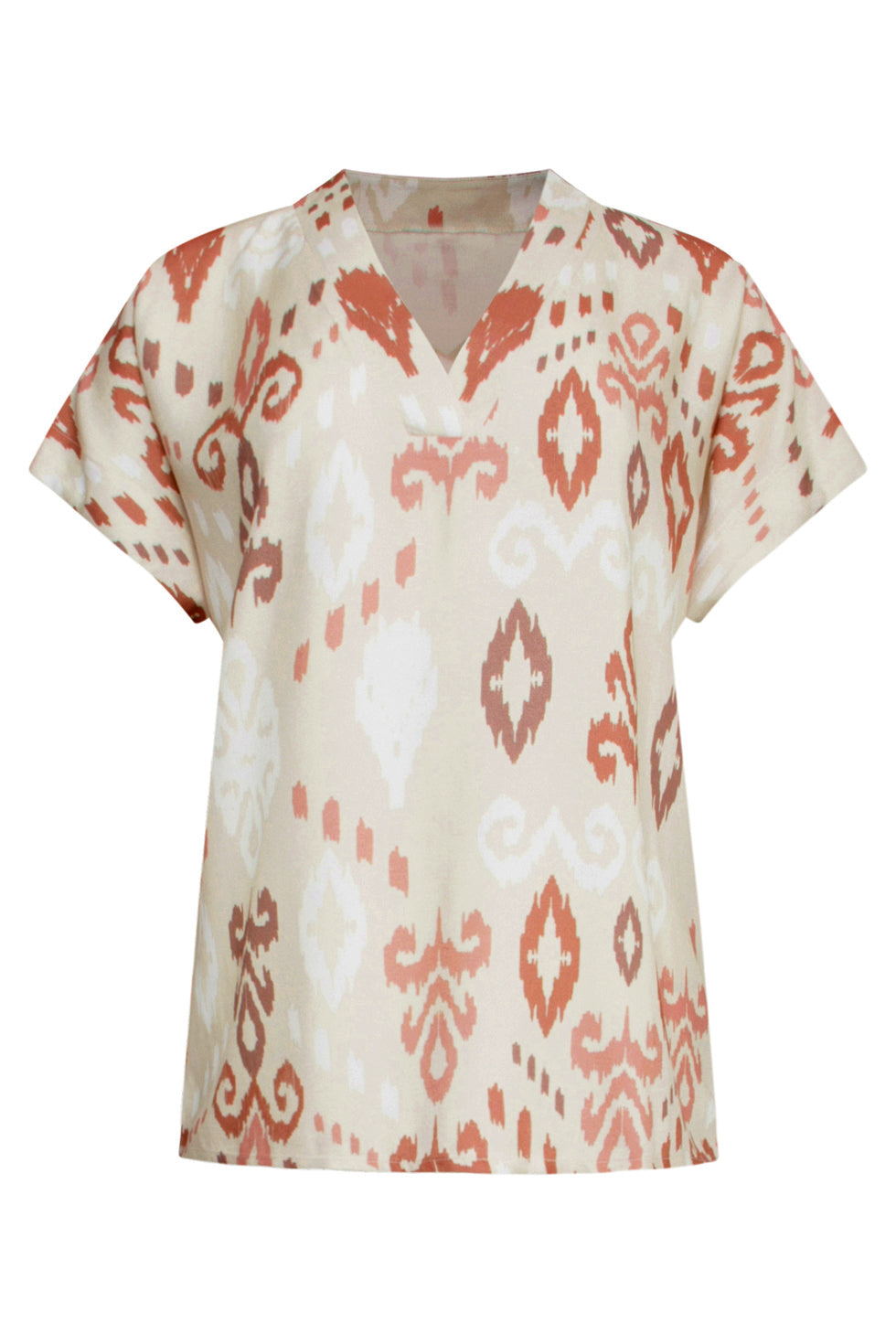 25045 V-Hals Paneel Top Met Een Groot Aztec Print In Zand- En Nude Roze Tinten