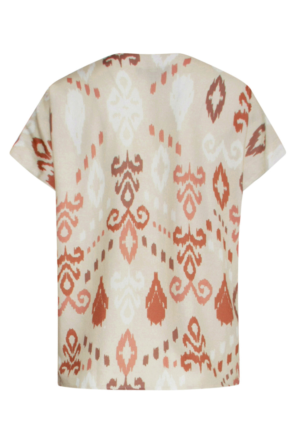 25045 V-Hals Paneel Top Met Een Groot Aztec Print In Zand- En Nude Roze Tinten