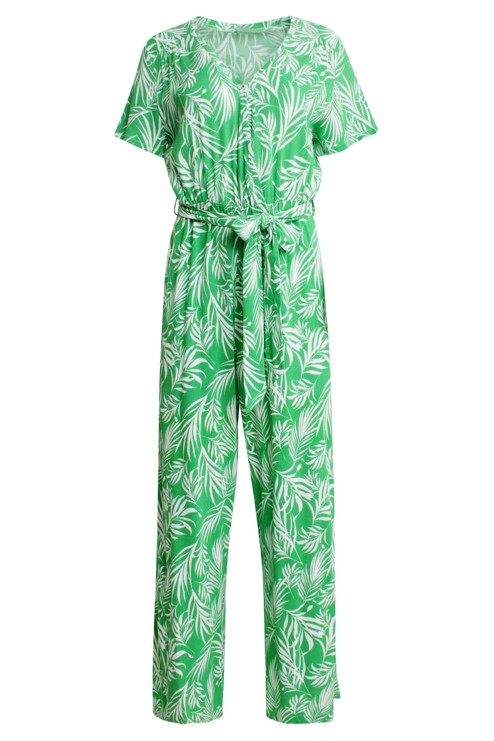 25046 Stretch Jumpsuit Met V-Hals En Bladprint In Groen En Wit