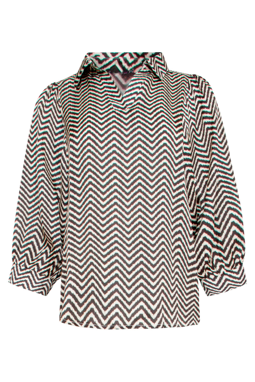 25049 Zand En Zwart Zigzag Print Top Met Kraag En 3/4 Puff Mouwen