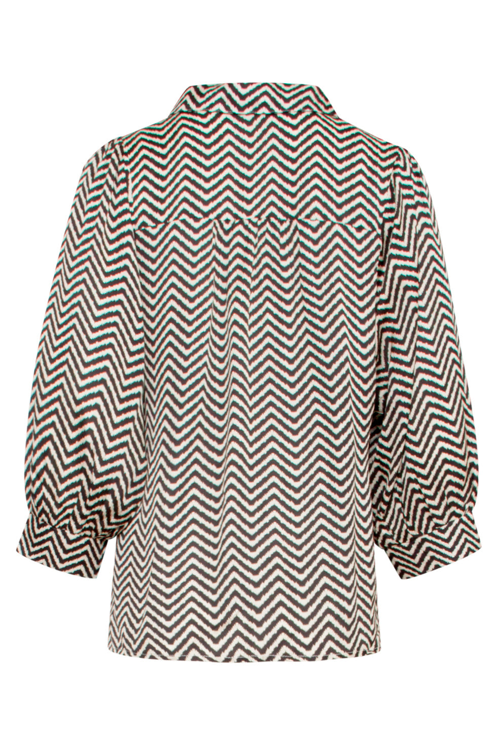 25049 Zand En Zwart Zigzag Print Top Met Kraag En 3/4 Puff Mouwen