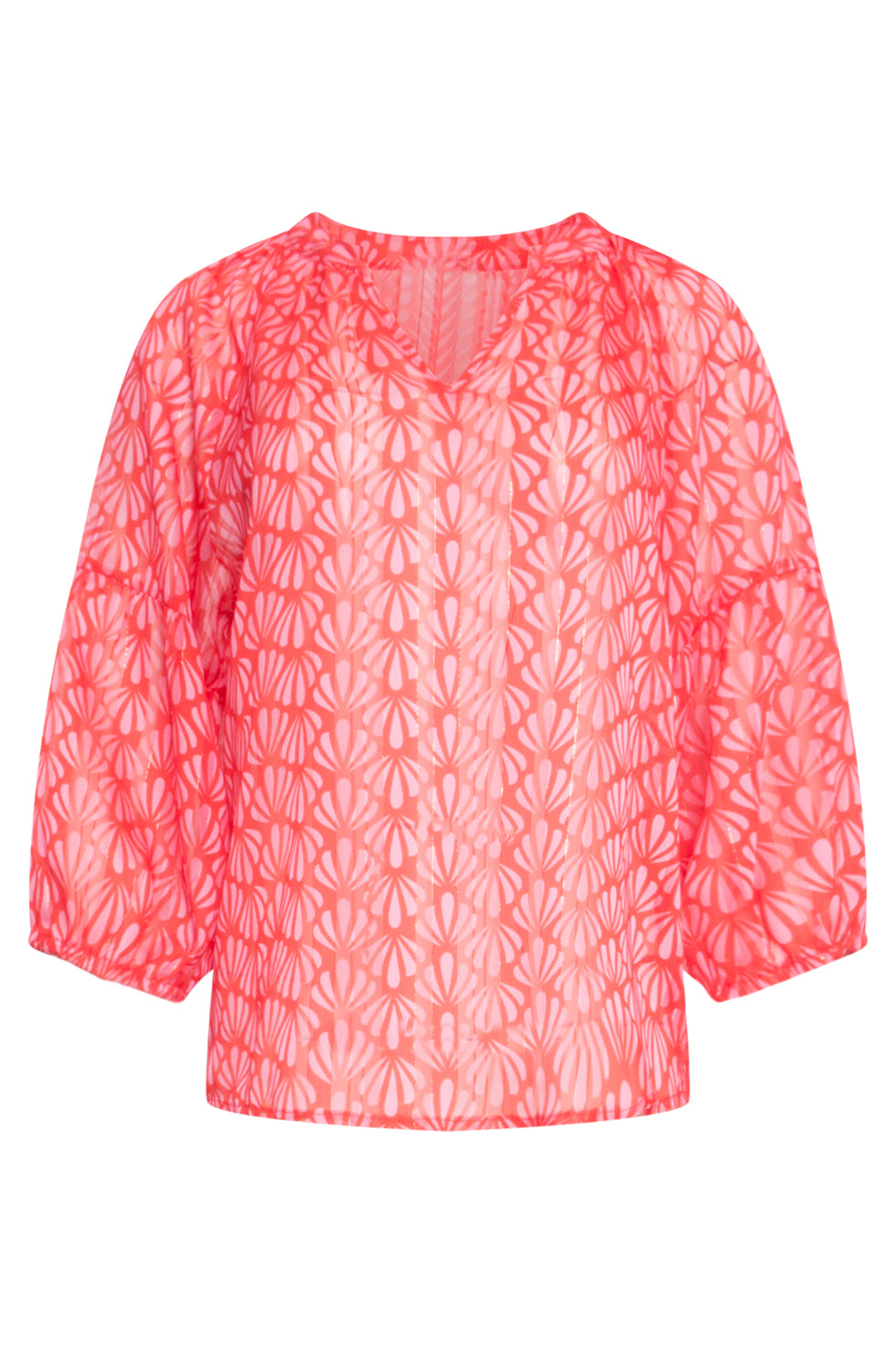 25051 Elegante Chiffon Top Met Rood-Roze Schelpprint