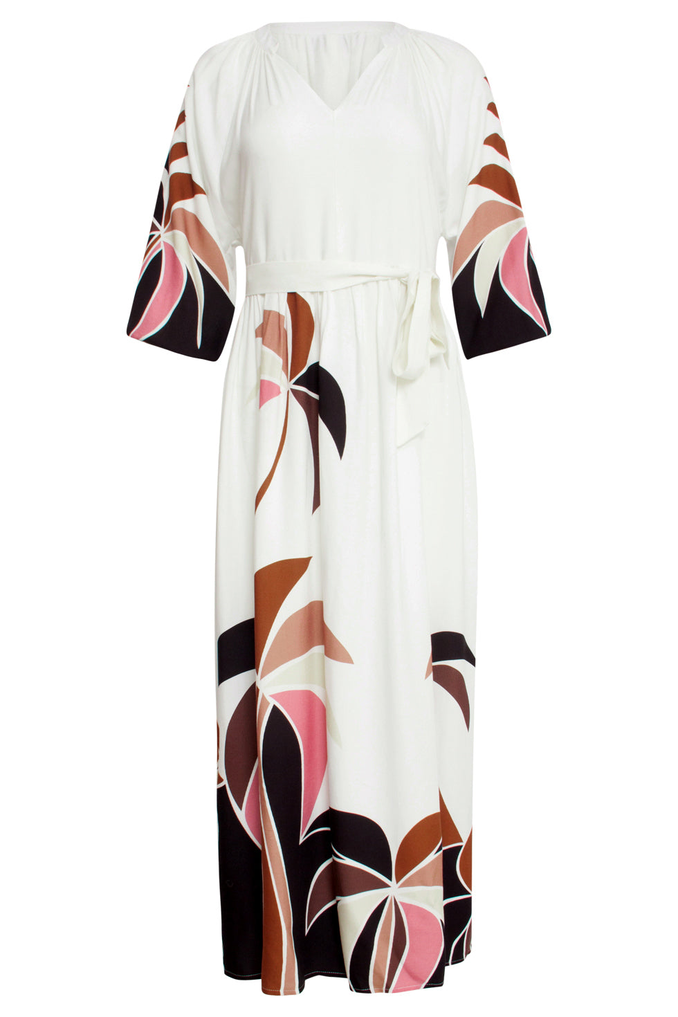 25057 Off White Flowy Maxi Jurk Met Mauve Roze En Bruin Palm Print