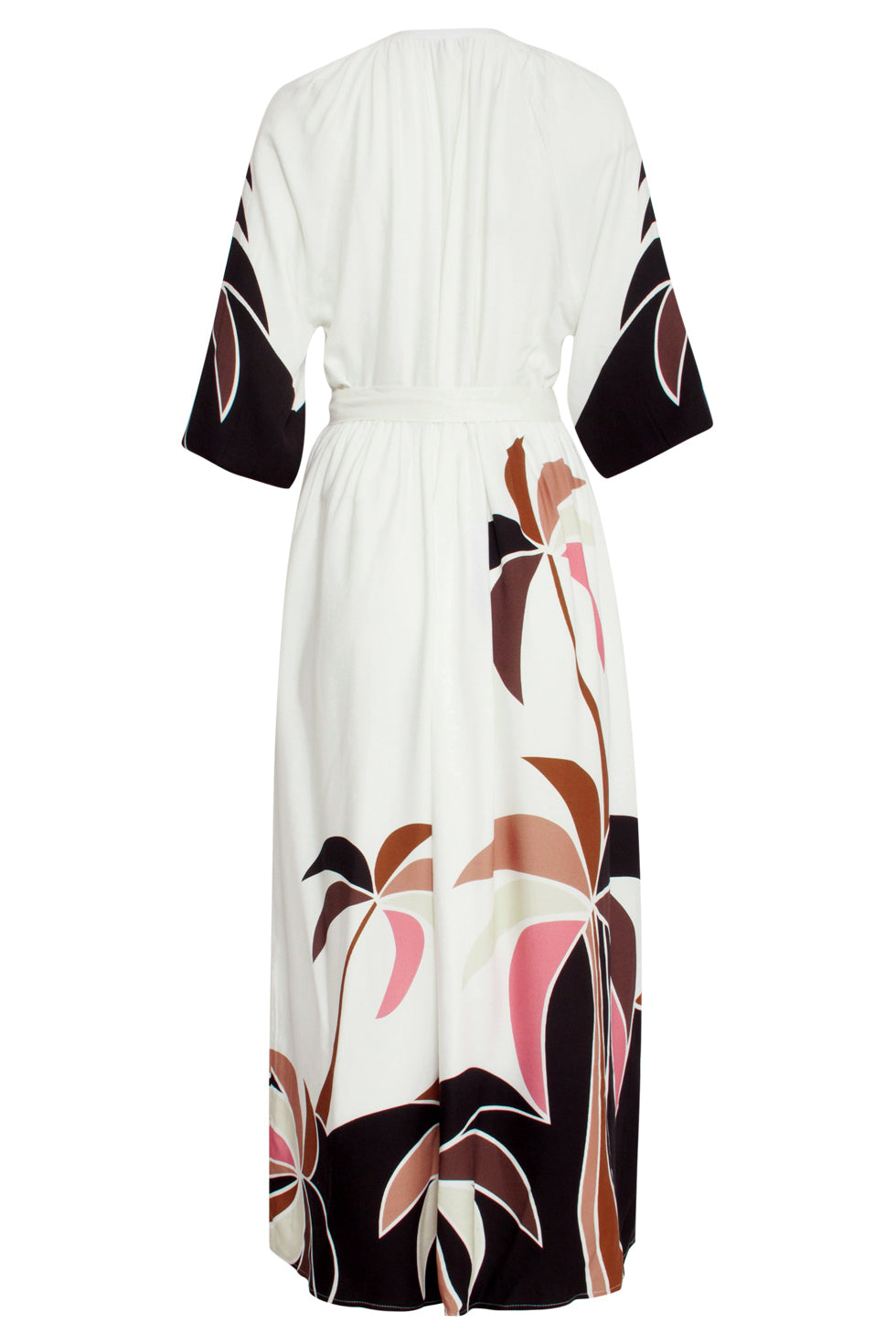 25057 Off White Flowy Maxi Jurk Met Mauve Roze En Bruin Palm Print