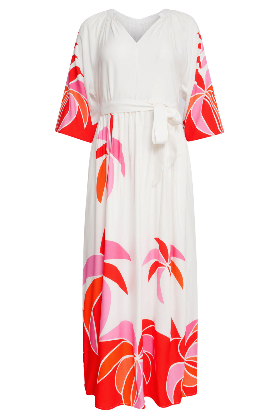 25058 Off White Flowy Maxi Jurk Met Helder Roze En Rood Palm Print