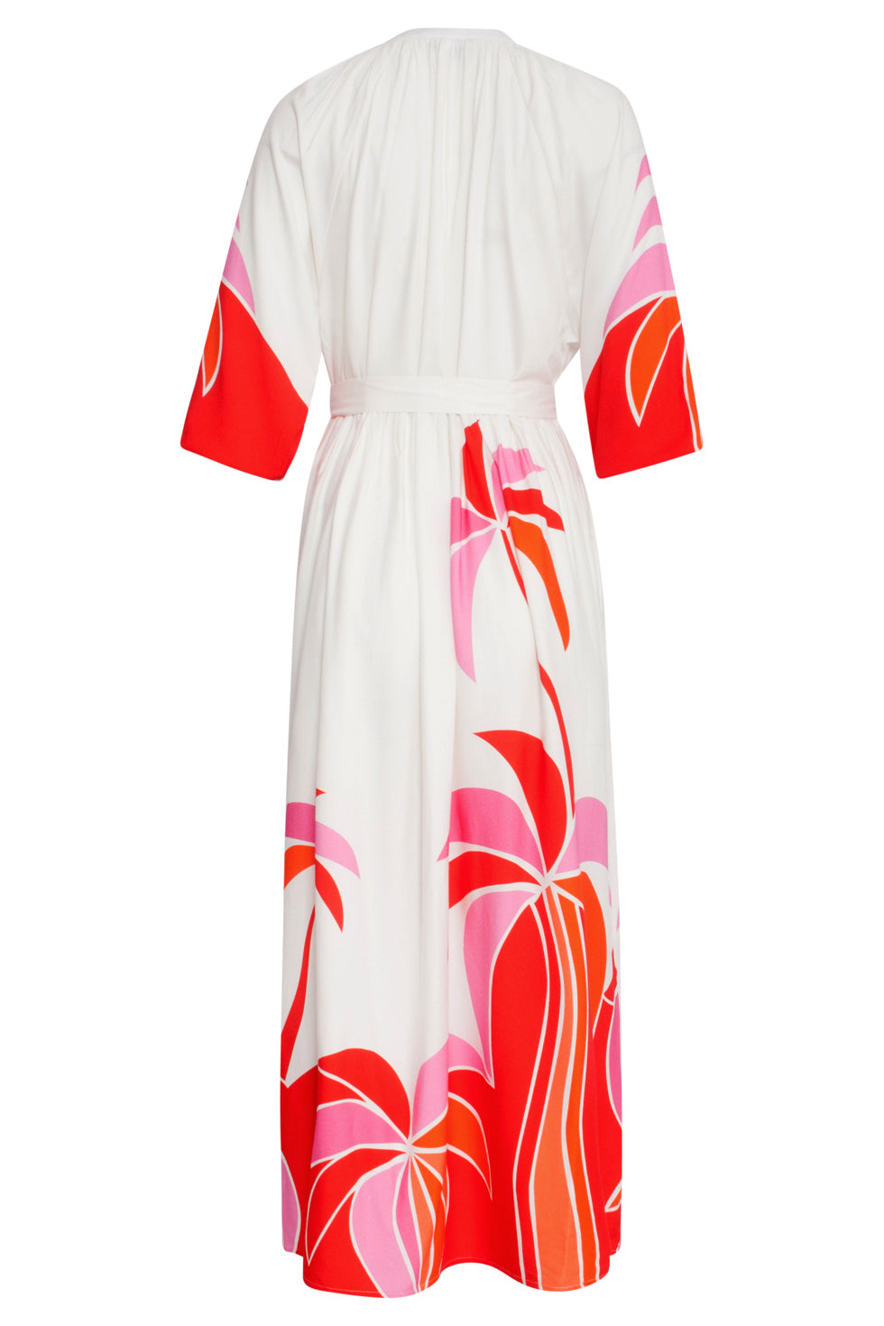 25058 Off White Flowy Maxi Jurk Met Helder Roze En Rood Palm Print