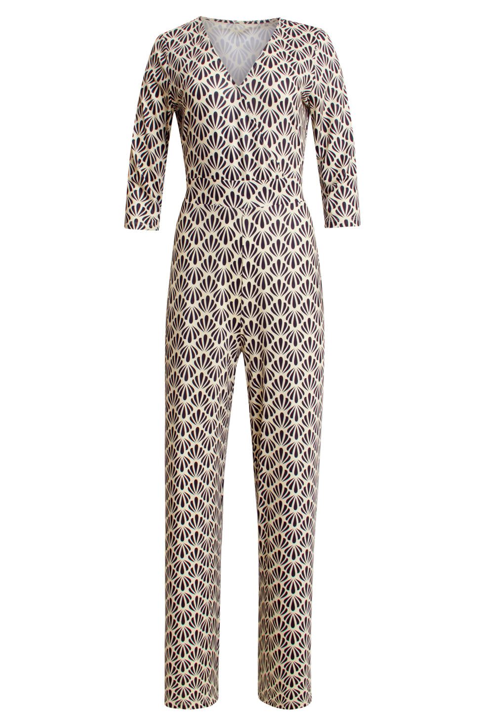 25061 Off-White En Zwarte Jumpsuit Met Schelpenprint