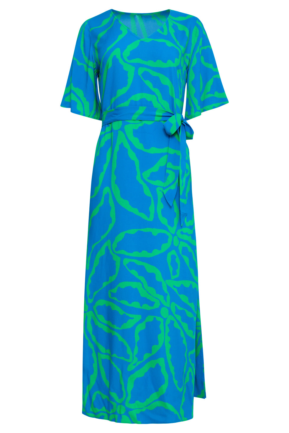 25068 Maxi Jurk Met Grafische Bloemenprint In Felblauw En Grasgroen