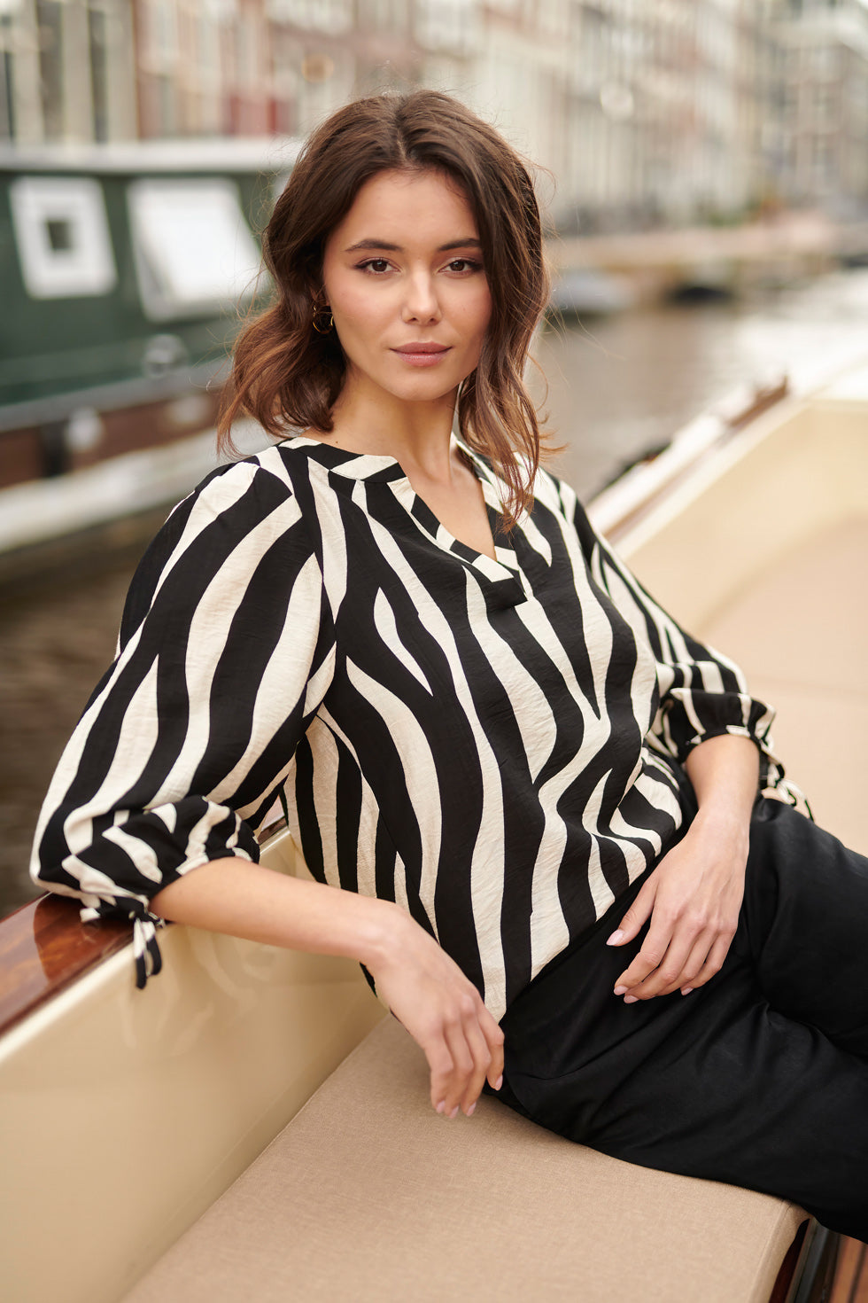 25076 Zwarte En Zand Zebra Print Top