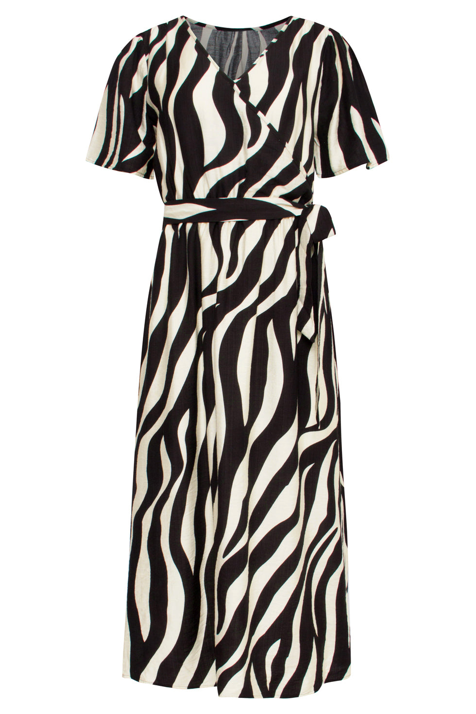 25077 Midi Jurk Met Zebrastijl Print In Zwart En Sand