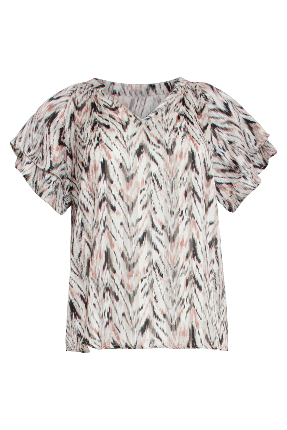 25079 Chiffon Top Met Grafisch Zigzag Print In Wit, Roze En Zwart