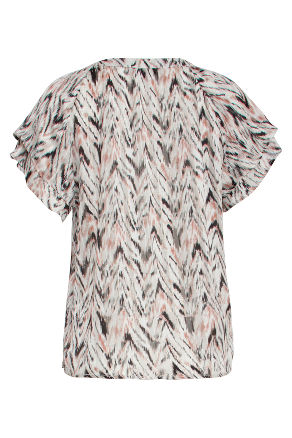 25079 Chiffon Top Met Grafisch Zigzag Print In Wit, Roze En Zwart