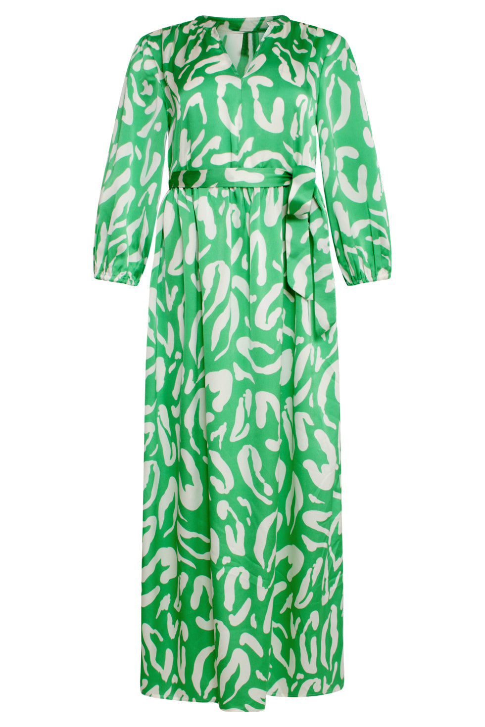 25082 Satin Maxi Jurk Met Groene En Witte Dierenprint