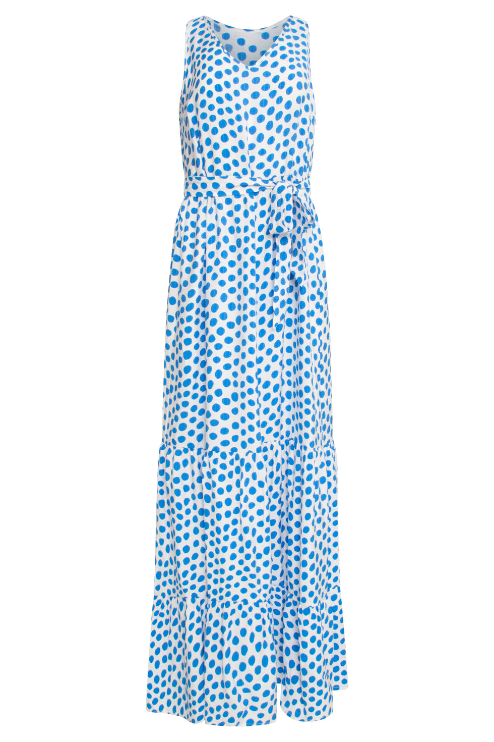 25084 Maxi Jurk Met Wit En Kobaltblauw Polka Dot Print