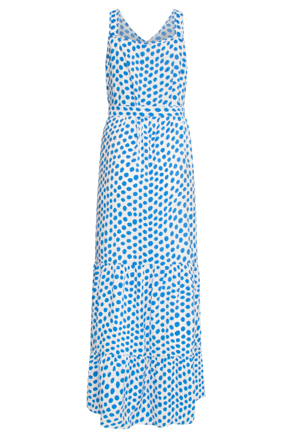 25084 Maxi Jurk Met Wit En Kobaltblauw Polka Dot Print