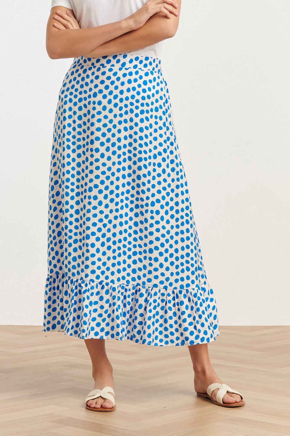 25085 Zomer Maxi Rok Met Blauwe Polkadots